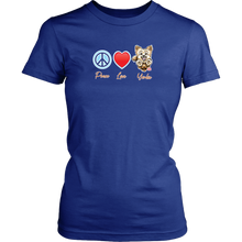 Load image into Gallery viewer, blue District Shirt featuring the Peace Love Yorkie dog design from OMG You&#39;re HOME!