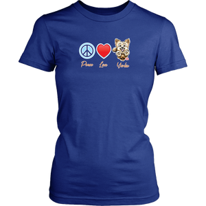 blue District Shirt featuring the Peace Love Yorkie dog design from OMG You're HOME!