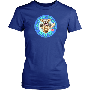 A womens royal blue shirt by District featuring the original Golden Retriever dog artwork on the front