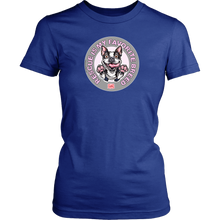 Load image into Gallery viewer, District Womens blue Shirt featuring the OMG You&#39;re Home! Boston Terrier design with &quot;Rescue is my favorite breed&quot;