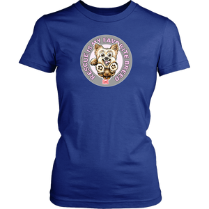 Rescue is my favorite breed on a women's blue t-shirt featuring the Yorkie