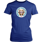 front view of a womens royal blue t-shirt featuring the original Red Nose Pitbull artwork by OMG You're Home! Part of the "Rescue is my favorite breed" collection.