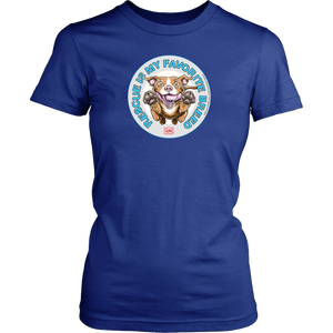 front view of a womens royal blue t-shirt featuring the original Red Nose Pitbull artwork by OMG You're Home! Part of the "Rescue is my favorite breed" collection.