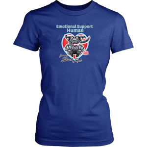 a women's blue shirt for dog lovers by District featuring the Black Labrador Retriever design in the Emotional Support Human collection