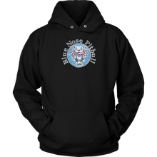 Load image into Gallery viewer, the front view of a black unisex Hoodie featuring the OMG You&#39;re Home Blue Nose Pitbull dog design in full color.