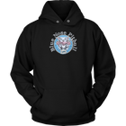 the front view of a black unisex Hoodie featuring the OMG You're Home Blue Nose Pitbull dog design in full color.