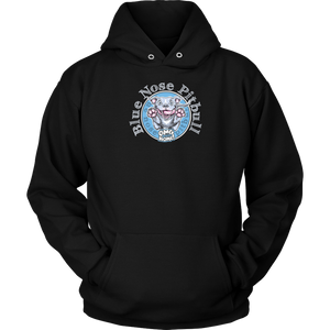 the front view of a black unisex Hoodie featuring the OMG You're Home Blue Nose Pitbull dog design in full color.