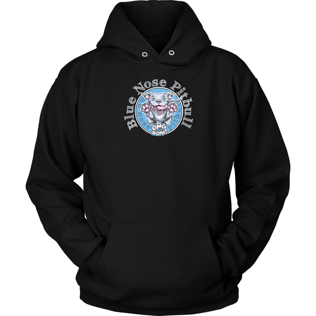 the front view of a black unisex Hoodie featuring the OMG You're Home Blue Nose Pitbull dog design in full color.