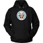 front view of a black hoodie featuring original Red Nose Pitbull rescue artwork by OMG You're HOME!