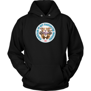 front view of a black hoodie featuring original Red Nose Pitbull rescue artwork by OMG You're HOME!