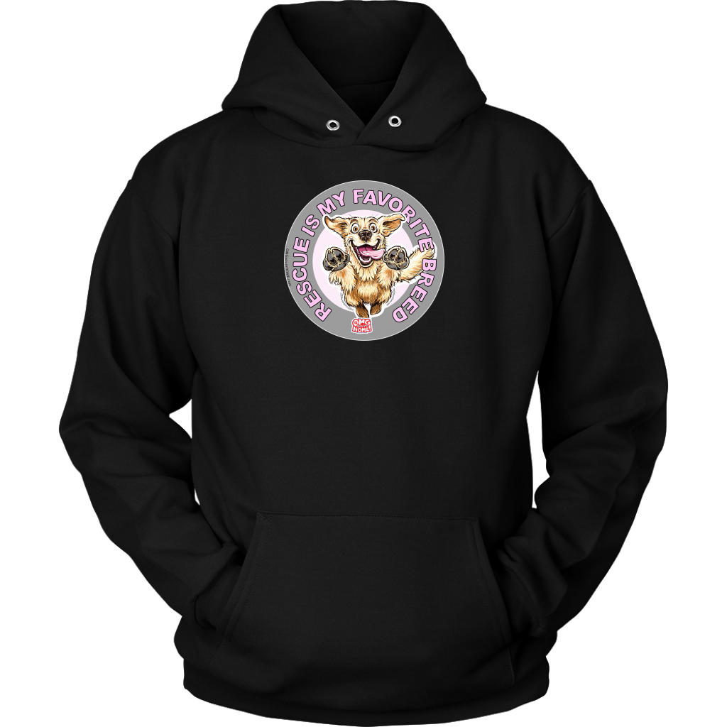 a black unisex hoodie tee features the original Golden Retriever dog artwork by OMG You're Home! 