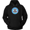 front view of a black unisex hoodie featuring the OMG Boston Terrier dog mom design in full color