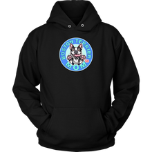 Load image into Gallery viewer, front view of a black unisex hoodie featuring the OMG Boston Terrier dog mom design in full color