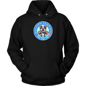 front view of a black unisex hoodie featuring the OMG Boston Terrier dog mom design in full color