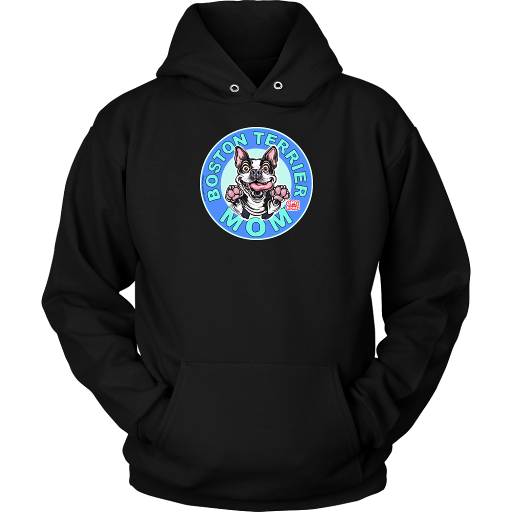 front view of a black unisex hoodie featuring the OMG Boston Terrier dog mom design in full color