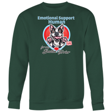 Load image into Gallery viewer, Emotional Support Human - Boston Terrier dog design on a green sweatshirt