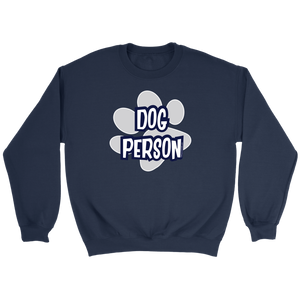 A soft and cozy blue Crewneck Sweatshirt for dog lovers featuring the DOG PERSON design on the front.