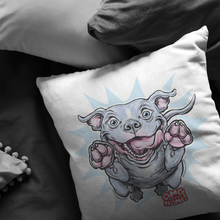 Load image into Gallery viewer, Top view of a soft decorative pillow featuring an excited Blue Nose Pitbull from OMG You&#39;e Home