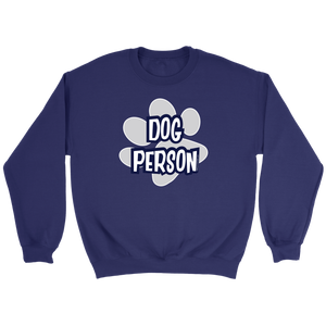 A soft and cozy navy blue Crewneck Sweatshirt for dog lovers featuring the DOG PERSON design on the front.