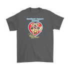a grey Gildan Mens T-Shirt featuring the OMG You're Home Golden Retriever dog design with Emotional Support Human above the dog. 