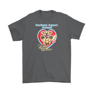 a grey Gildan Mens T-Shirt featuring the OMG You're Home Golden Retriever dog design with Emotional Support Human above the dog. 