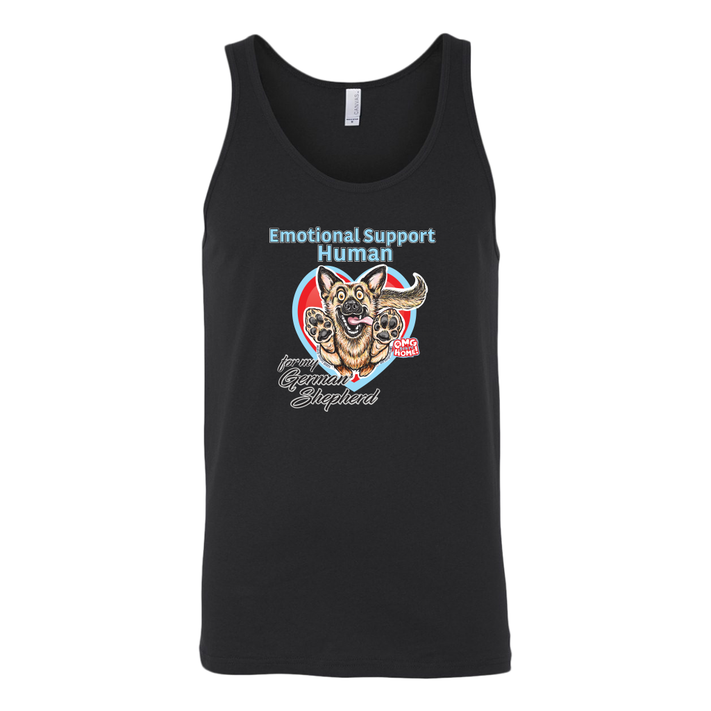 A black tank top with the original German Shepherd design by OMG You're Home