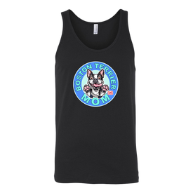 a black tank top with the OMG You're Home! Boston Terrier dog Mom design on the front 