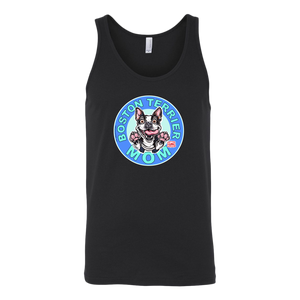 a black tank top with the OMG You're Home! Boston Terrier dog Mom design on the front 