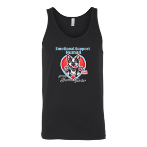 a black tank featuring the Boston Terrier dog design in the Emotional Support Human collection. Great gift idea for the Bostie dog lover. 