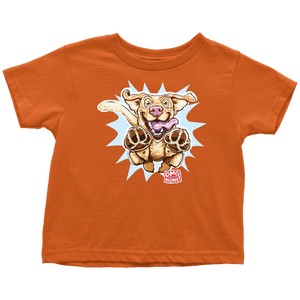 a bright orange OMG You're Home toddler t-shirt featuring the original Yellow Labrador Retriever dog design on the front in full color