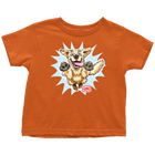 a toddler's orange t-shirt featuring the original happy and excited Golden Retriever on the front