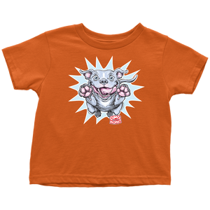 a toddler's bright orange t-shirt with the Blue Nose Pit Bull design by OMG You're Home on the front in full vibrant color