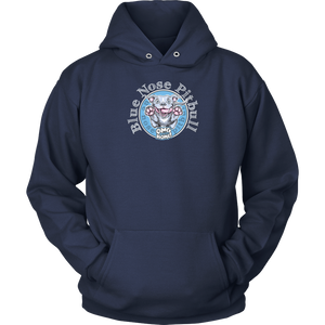 the front view of a navy blue unisex Hoodie featuring the OMG You're Home Blue Nose Pitbull dog design in full color.