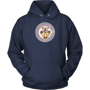 a navy blue unisex hoodie tee features the original Golden Retriever dog artwork by OMG You're Home! 