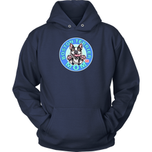 Load image into Gallery viewer, front view of a navy blue hoodie featuring the OMG Boston Terrier dog mom design in full color