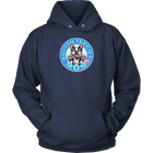 front view of a navy blue hoodie featuring the OMG Boston Terrier dog mom design in full color