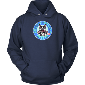 front view of a navy blue hoodie featuring the OMG Boston Terrier dog mom design in full color