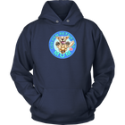 A navy blue hoodie with the golden retriever mom design on the front