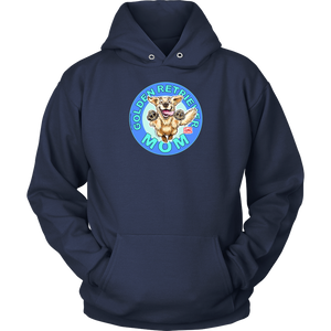 A navy blue hoodie with the golden retriever mom design on the front