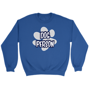 A soft and cozy royal blue Crewneck Sweatshirt for dog lovers featuring the DOG PERSON design on the front.