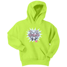 Load image into Gallery viewer, Front view of a youth bright green hoodie featuring the OMG Blue Nose Pit Bull design