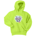 Front view of a youth bright green hoodie featuring the OMG Blue Nose Pit Bull design