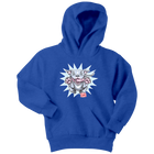 Front view of a youth royal blue hoodie featuring the OMG Blue Nose Pit Bull design