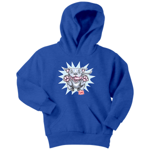 Front view of a youth royal blue hoodie featuring the OMG Blue Nose Pit Bull design