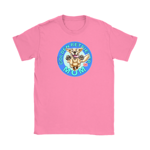 a women's pink tshirt featuring the OMG You're Home! Golden Retriever dog artwork on the front