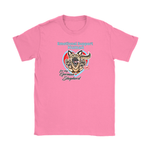 Load image into Gallery viewer, a pink Gildan Womens T-Shirt for dog lovers featuring the German Shepherd design in the Emotional Support Human collection