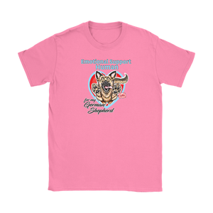 a pink Gildan Womens T-Shirt for dog lovers featuring the German Shepherd design in the Emotional Support Human collection