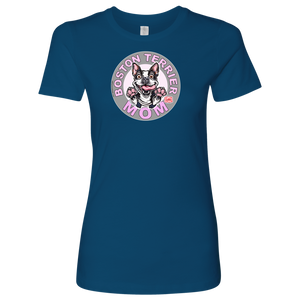 a blue shirt with the OMG You're Home! Boston Terrier dog Mom design on the front in pink letters