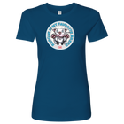 front view of a womens  blue tshirt with the OMG You're Home rescue pit dog on the front