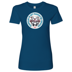 front view of a womens  blue tshirt with the OMG You're Home rescue pit dog on the front